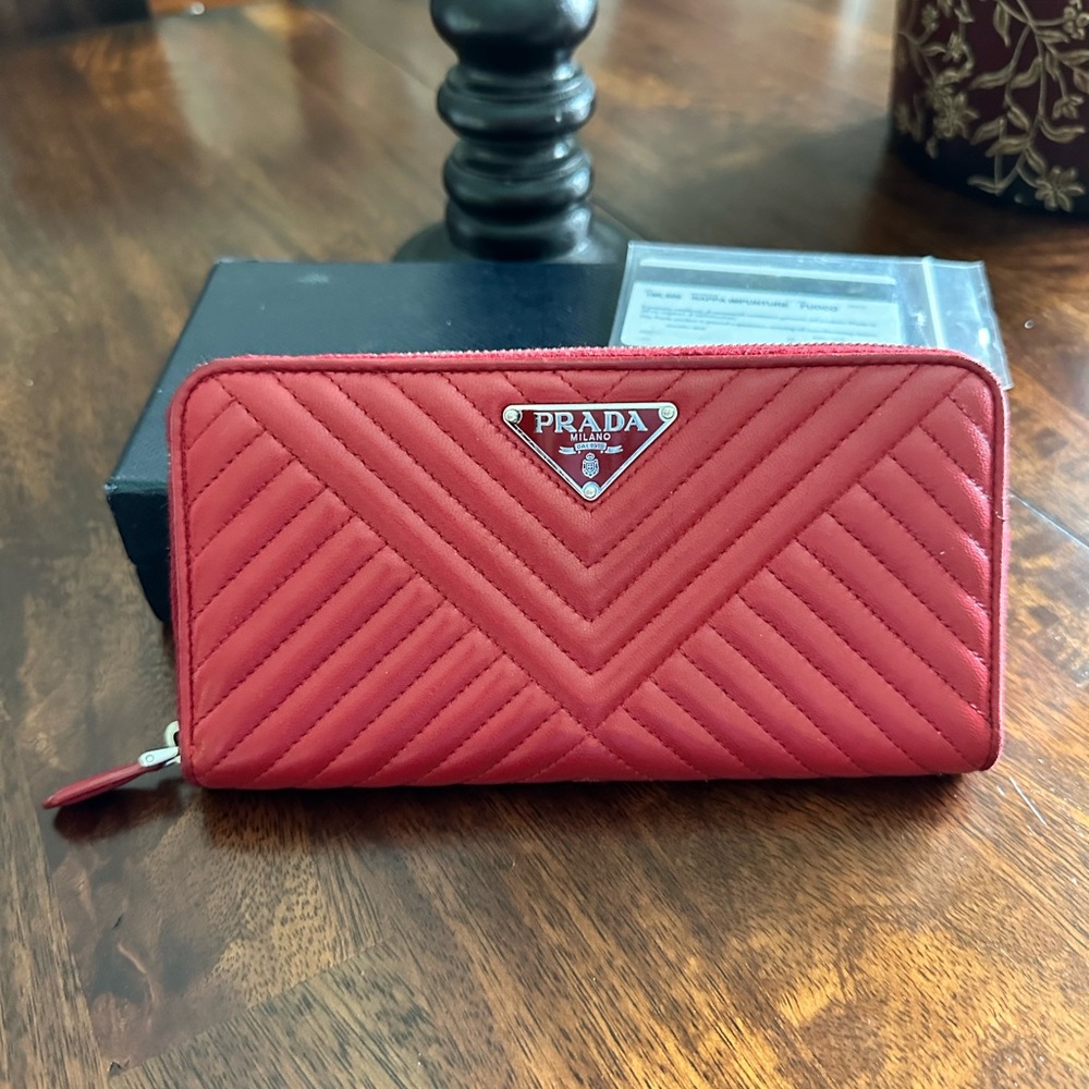 Authentic PRADA Red Calfskin V Diagramme Zippy Wallet RARE Stitched Leather